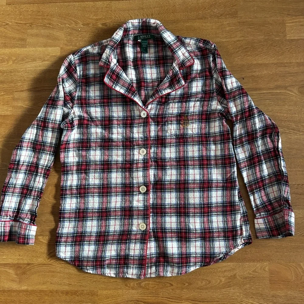 Ralph Lauren Pajama Top Womens L Large Red Plaid Long Sleeves Sleepwear Shirt